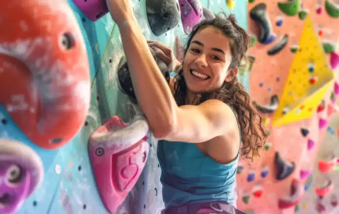 certified climbing wall installer inspecting safety harness and equipment