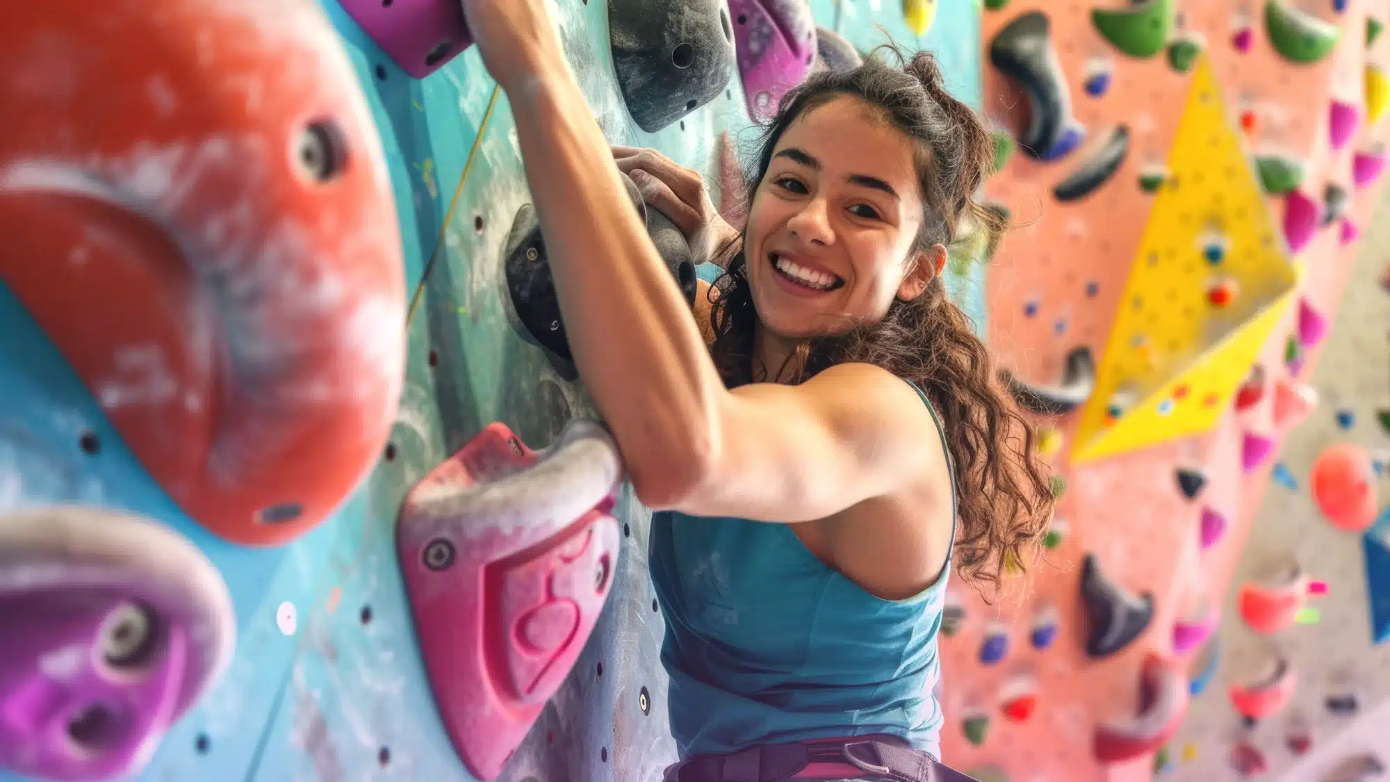 certified climbing wall installer inspecting safety harness and equipment