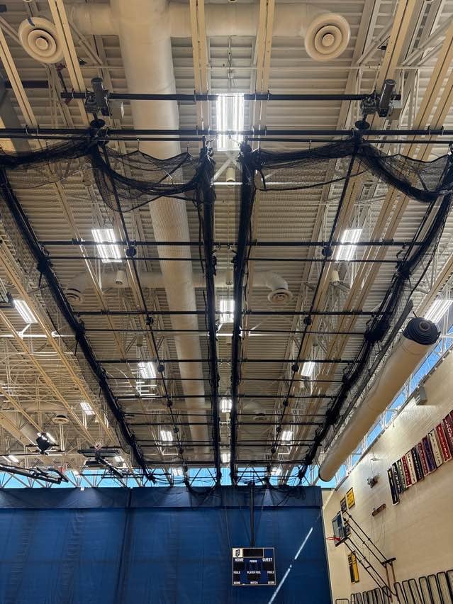Gymnasium Equipment Installation Buckingham Browne Nichols School – Closed View Batting cage replacement, closed view during Gymnasium Equipment Installation at Buckingham Browne & Nichols School.