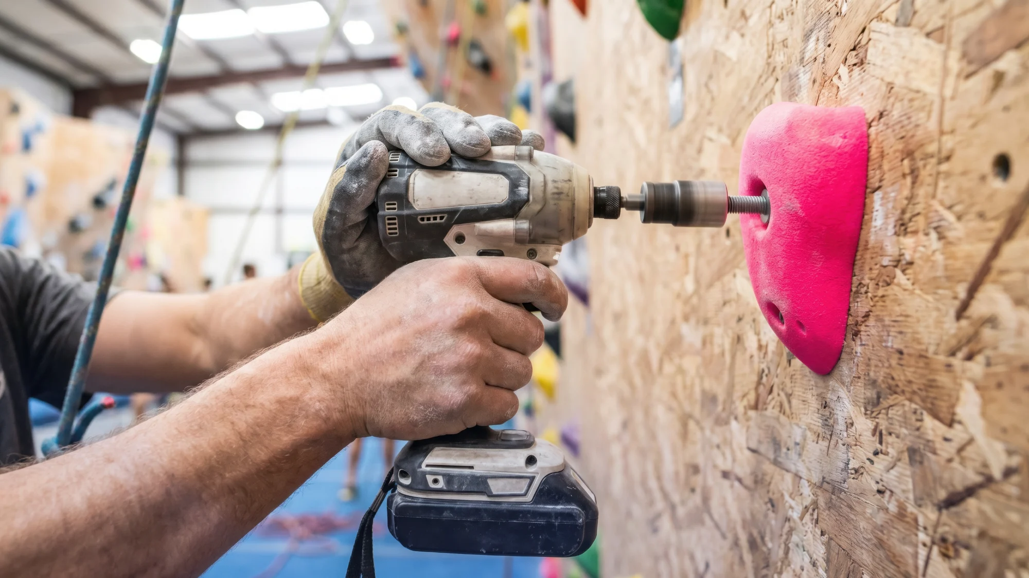 A professional installer setting up a climbing wall in a gym