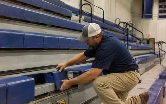 Professional technician repairing retractable gym bleachers to restore safe seating for a school or arena.