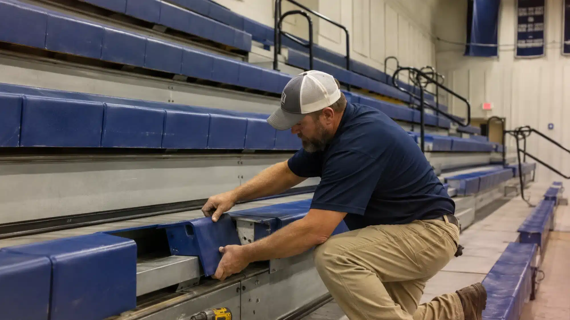Professional technician repairing retractable gym bleachers to restore safe seating for a school or arena.