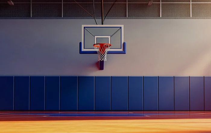 Close-up of worn basketball gym wall pads in a Woodstock, CT gym