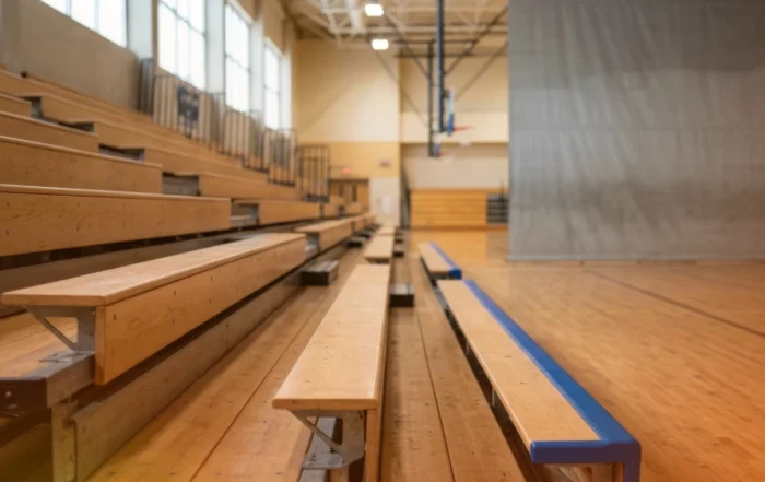 A professional team installing bleachers in a school gymnasium