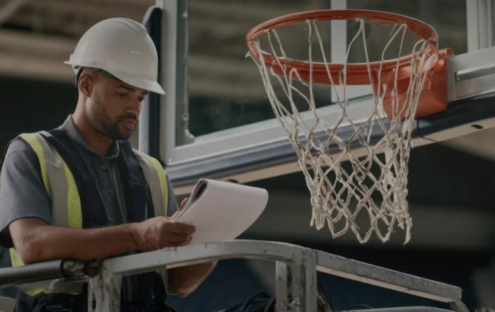 Detailed inspection of basketball safety straps in a gym setting.