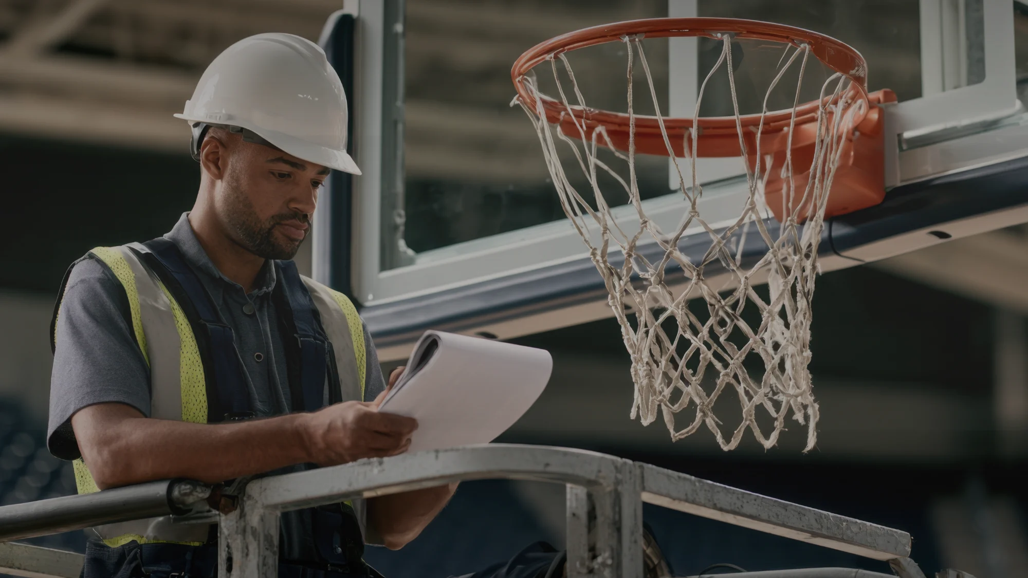 Detailed inspection of basketball safety straps in a gym setting.